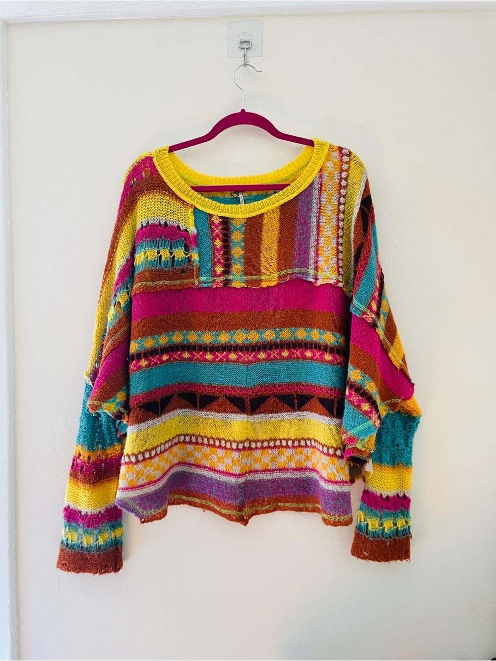 Free People “December Skies” Multicolor Poncho / Oversized Knit Sweater Large